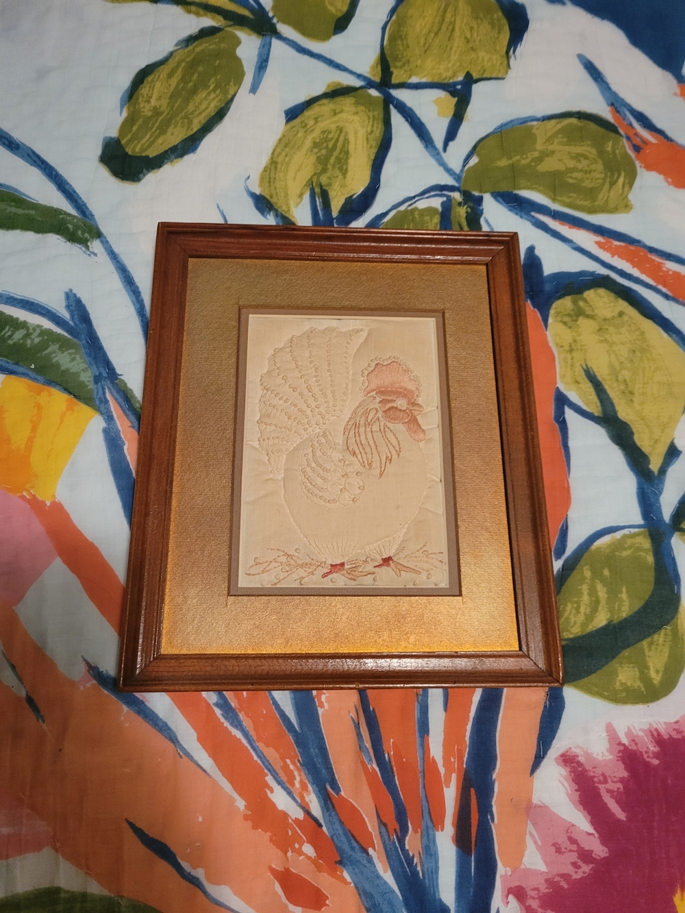 Framed Embroidered Turkey Artwork - Rustic Wood Frame